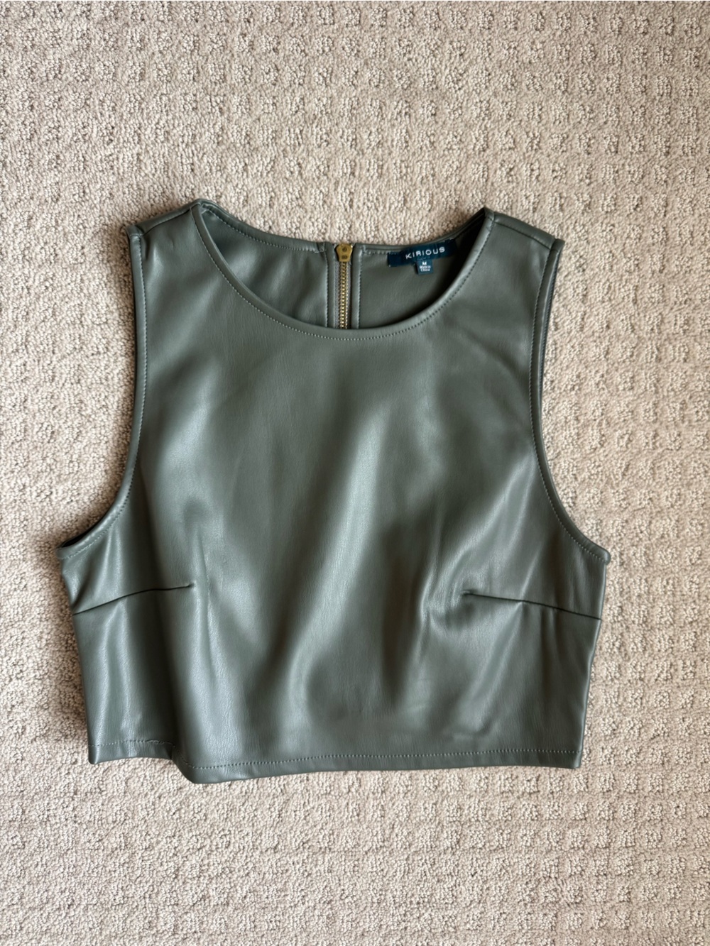 Olive Green Faux Leather Tank Top with Back Zip